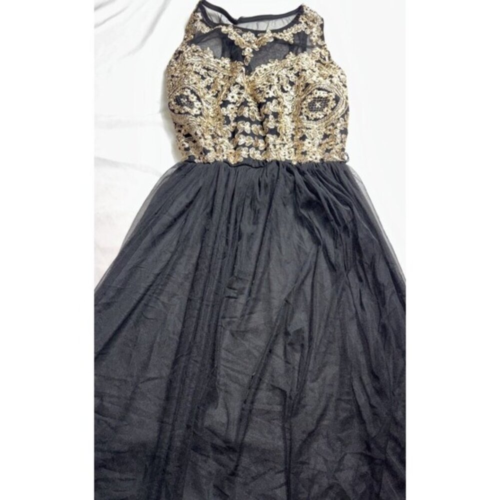black Gold lace Flower Overlay Cocktail Party  Fit Flare Goth Glam Hoco BL